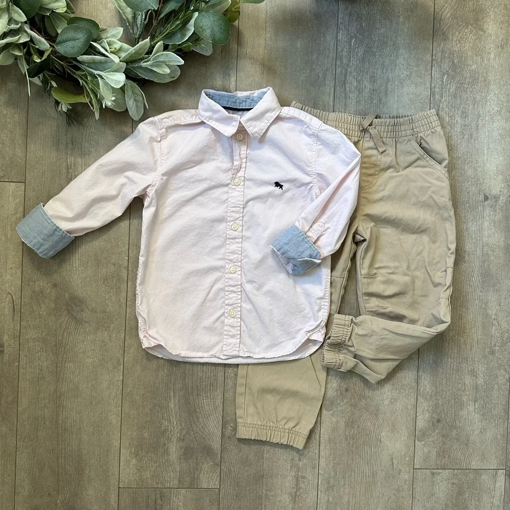 Toddler Boy Soft Pink Blue Button Up Shirt & Khaki Cargo Joggers Outfit Set